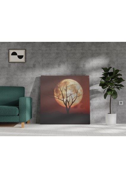Ay Işığında Yaşlı Ağaç Silüeti Dekoratif Kare Kanvas Tablo modelleri