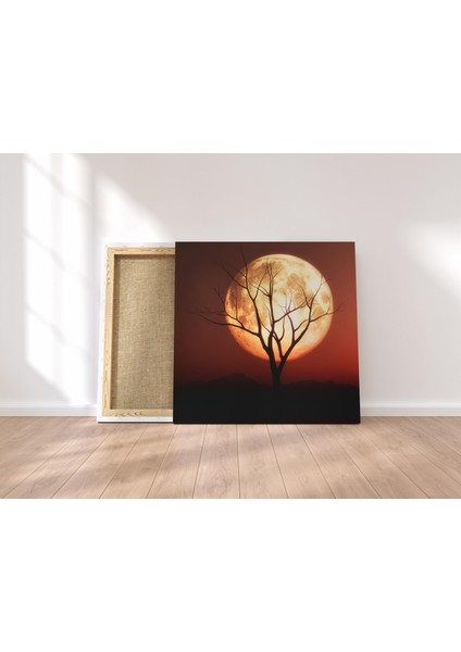 Ay Işığında Yaşlı Ağaç Silüeti Dekoratif Kare Kanvas Tablo indirimleri
