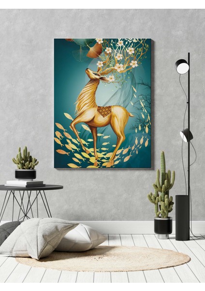 Soyut Tema Başında Çiçeklerle Ceylan Dekoratif Dikey Kanvas Tablo