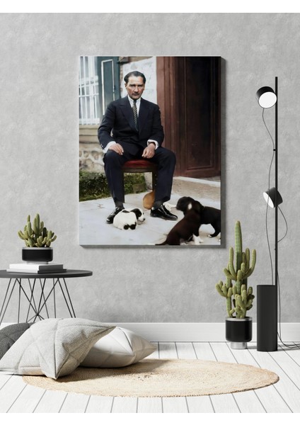 M. Kemal Atatürk Minik Köpeklerle Oynarken Portre Dekoratif Dikey Kanvas Tablo