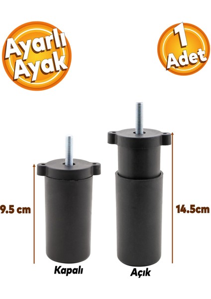 Gizli Mobilya Kanepe Sehpa Tv Ünitesi Koltuk Orta Destek Ayağı Ayarlanabilir 9.5 cm Siyah Baza Ayak