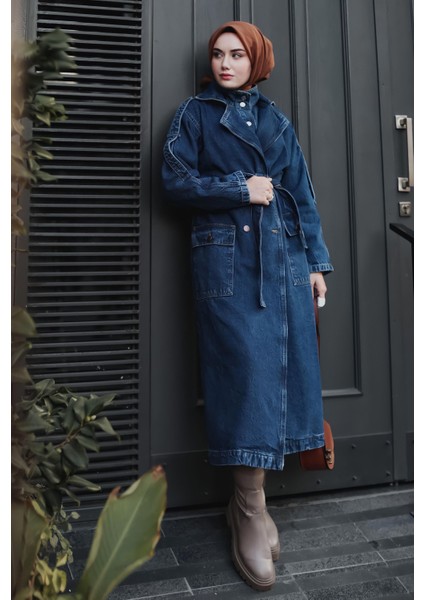 Denim Trençkot Uzun Mavi
