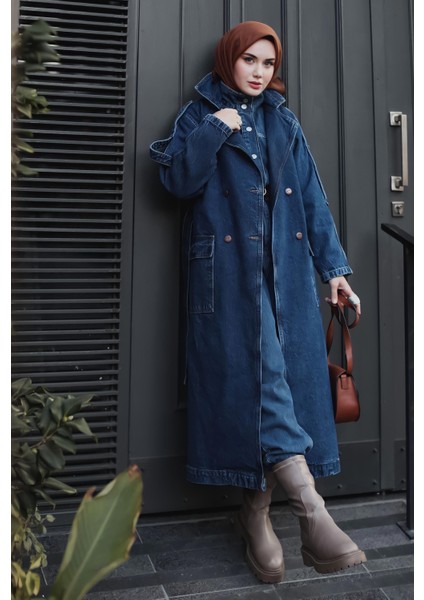Denim Trençkot Uzun Mavi