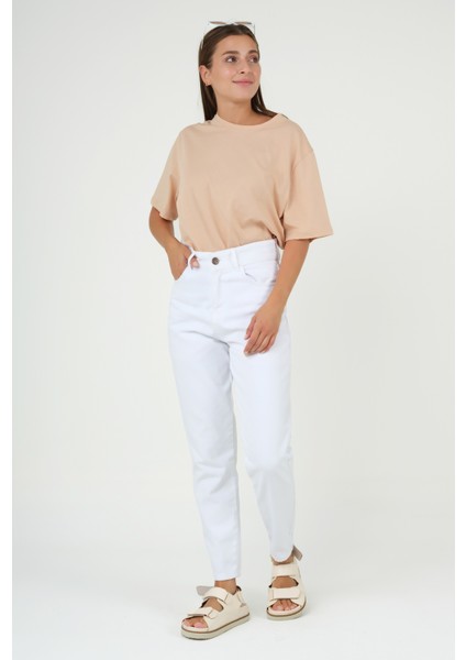 Yüksek Bel Balon Jean Beyaz