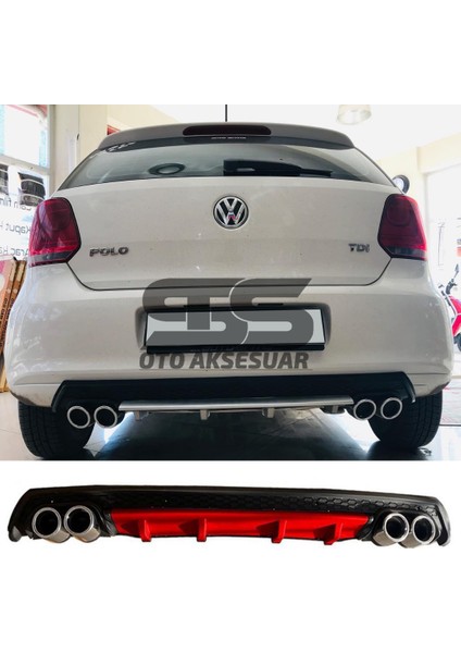 Volkswagen Polo Mk5 Difüzör Arka Tampon Eki 4 Egzoz Çıkışlı Kırmızı Lüx Tip