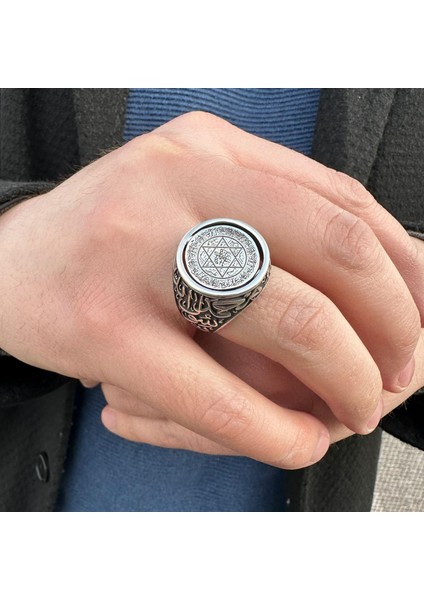 925 Ayar Gümüş Kelime-I Tevhid Yazılı Çift Taraflı Süleyman Mührü Erkek Yüzük