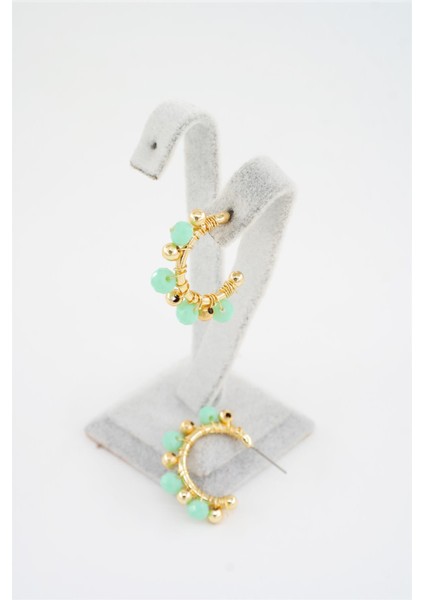 Kadın Su Yeşili Kristal Taş ve Boncuklu 3 cm Halka Küpe fiyatları