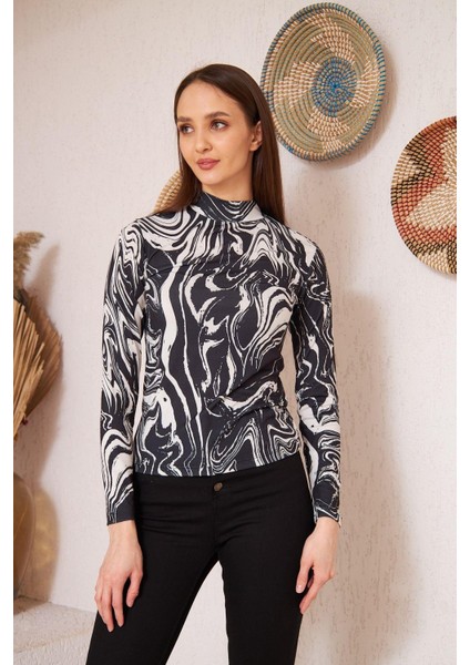 Siyah Zebra Baskılı Uzun Kollu Bluz DM1019