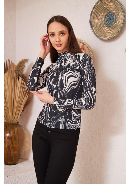 Siyah Zebra Baskılı Uzun Kollu Bluz DM1019