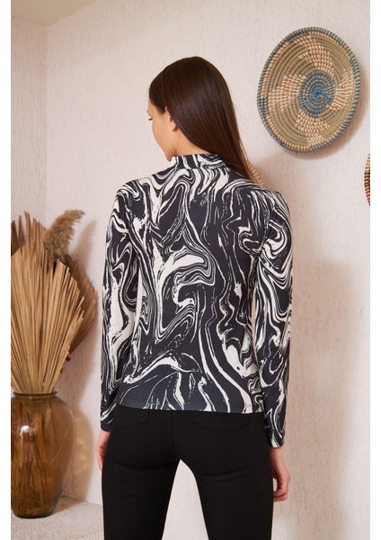 Siyah Zebra Baskılı Uzun Kollu Bluz DM1019