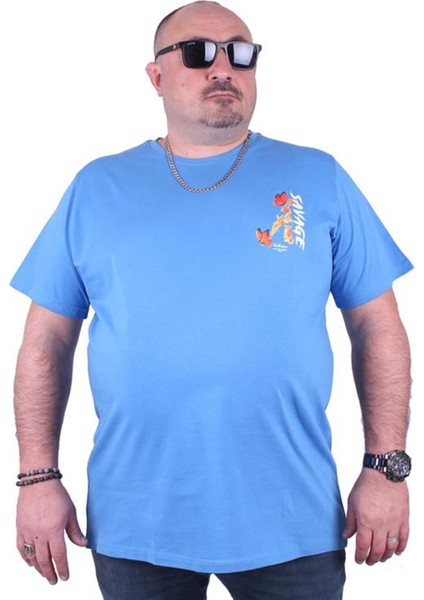 Büyük Beden Sıfır Yaka Tişört Savage 23101 Mavı