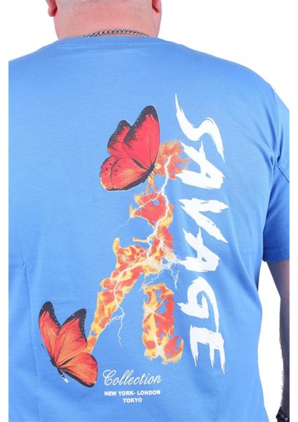 Büyük Beden Sıfır Yaka Tişört Savage 23101 Mavı fiyatları