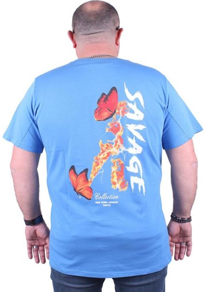 Büyük Beden Sıfır Yaka Tişört Savage 23101 Mavı modelleri