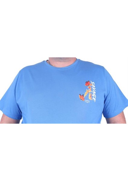 Büyük Beden Sıfır Yaka Tişört Savage 23101 Mavı indirimleri