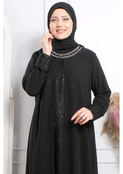 Taş Işlemeli Şifon Abiye Siyah MDA2303