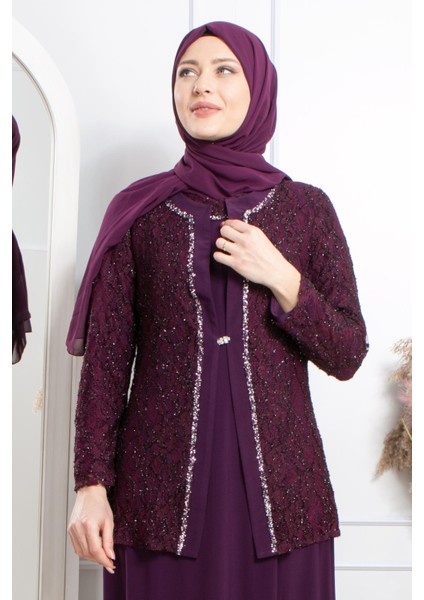 Taş Işleme Detaylı Simli Abiye Mürdüm MDA2317 fiyatları