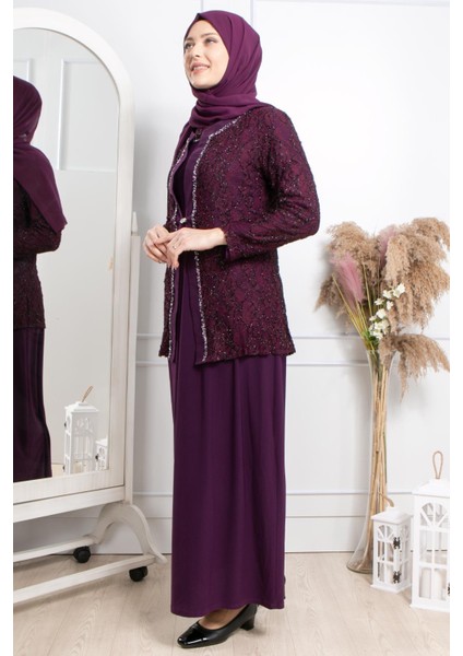 Taş Işleme Detaylı Simli Abiye Mürdüm MDA2317 modelleri