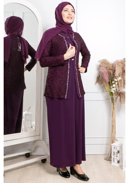 Taş Işleme Detaylı Simli Abiye Mürdüm MDA2317 fırsatları