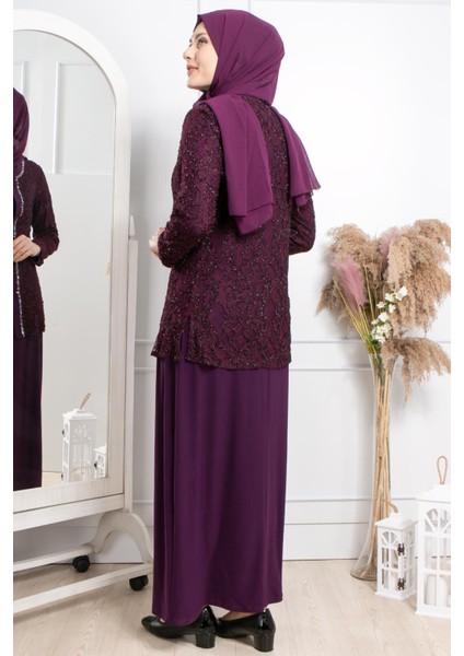 Taş Işleme Detaylı Simli Abiye Mürdüm MDA2317 indirimleri