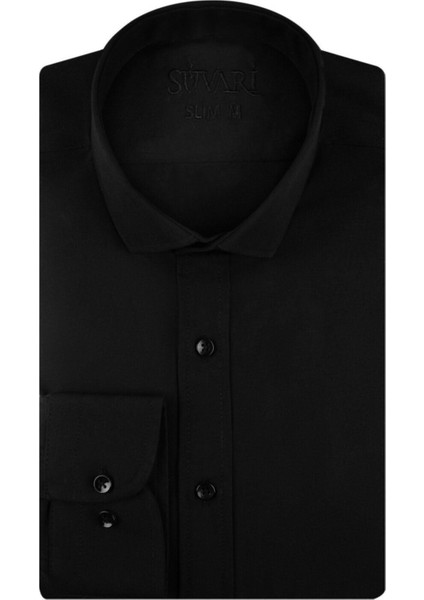 Slim Fit Düz Siyah Erkek Gömlek