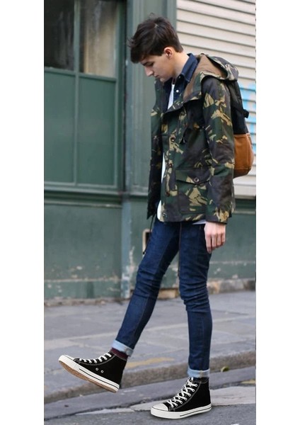 Erkek Sneaker Bilekli Convers Modeli Keten Spor Ayakkabı Siyah indirimleri