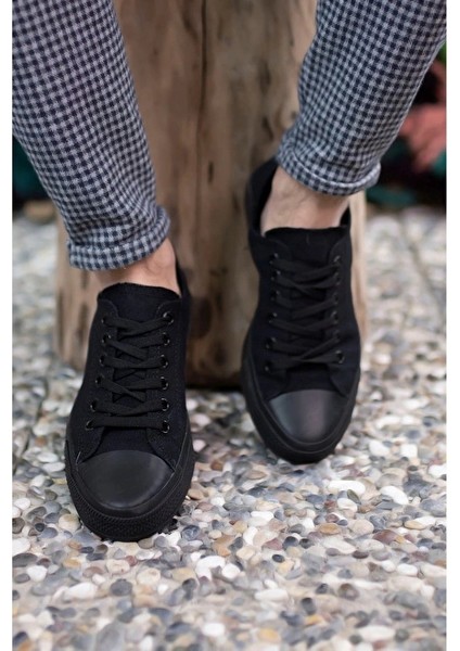 Erkek Sneaker Kısa Convers Modeli Keten Spor Ayakkabı Siyah