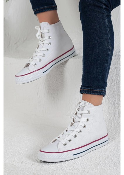 Erkek Sneaker Bilekli Convers Modeli Keten Spor Ayakkabı Beyaz