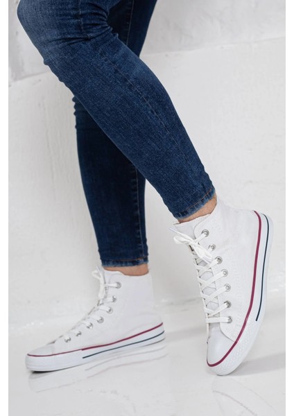 Erkek Sneaker Bilekli Convers Modeli Keten Spor Ayakkabı Beyaz