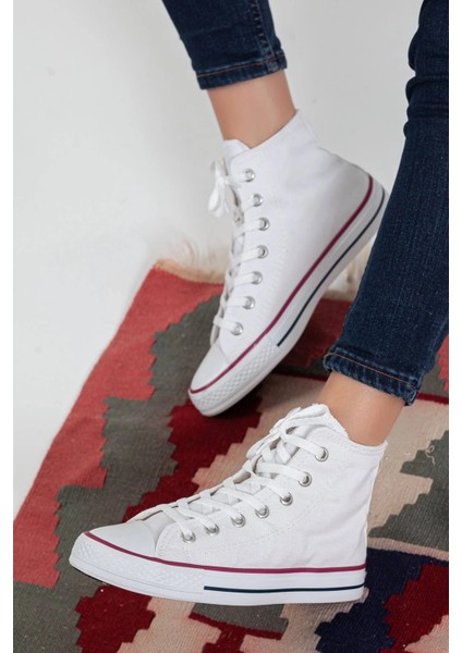 Erkek Sneaker Bilekli Convers Modeli Keten Spor Ayakkabı Beyaz