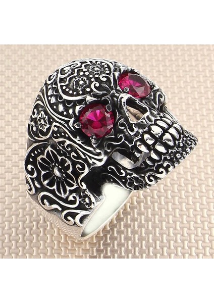 925 Ayar Gümüş Ruby Yakut Taşlı Kuru Kafa Motifli Gothik Tasarım Taşsız Erkek Yüzük