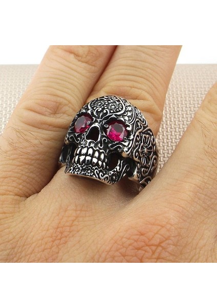 925 Ayar Gümüş Ruby Yakut Taşlı Kuru Kafa Motifli Gothik Tasarım Taşsız Erkek Yüzük