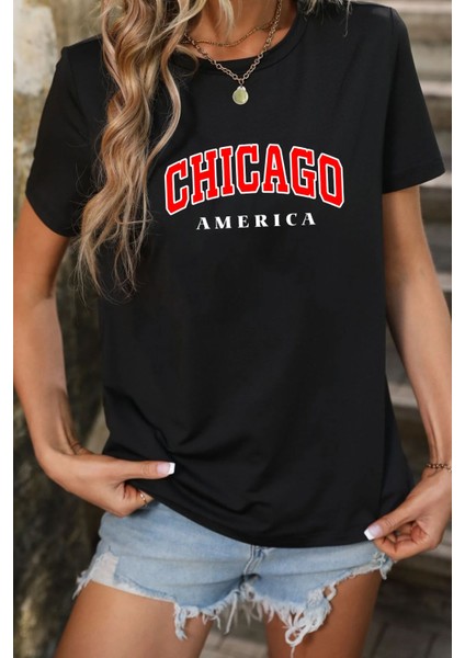 Unisex Chiago Baskılı T-Shirt