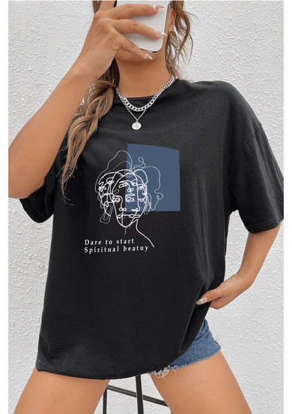 Unisex Minimal Line Drawing Baskılı T-Shirt