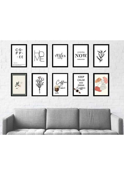 Siyah Çerçeve Görünümlü Home Coffee Karışık 10'lu Ahşap Tablo Retre Ahşap Poster