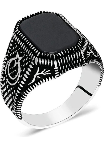 925 Ayar Gümüş Dörtgen Siyah Oniks Taşlı Ayyıldız Motifli Erkek Yüzük