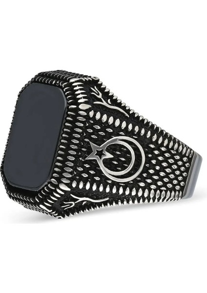 925 Ayar Gümüş Dörtgen Siyah Oniks Taşlı Ayyıldız Motifli Erkek Yüzük fiyatları