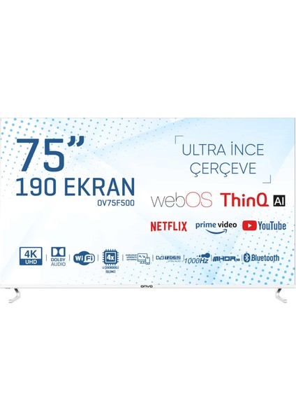 OV75F500 75" 190 Ekran Uydu Alıcılı 4K Ultra HD Smart LED TV