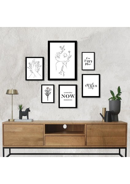 Siyah Çerçeve Görünümlü 6'lı Toplu Genç Duvar Tablosu Çiçek Mutluluk Aşk Karışık Siyah Beyaz Duvar Tablosu Retro Ahşap Poster