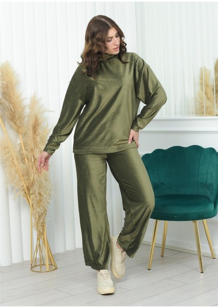 Yarım Boğazlı Fitilli Kadife Takım Haki Rengi fiyatları