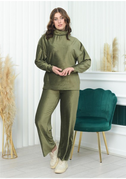 Yarım Boğazlı Fitilli Kadife Takım Haki Rengi modelleri