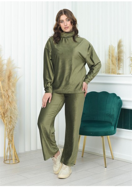 Yarım Boğazlı Fitilli Kadife Takım Haki Rengi fırsatları
