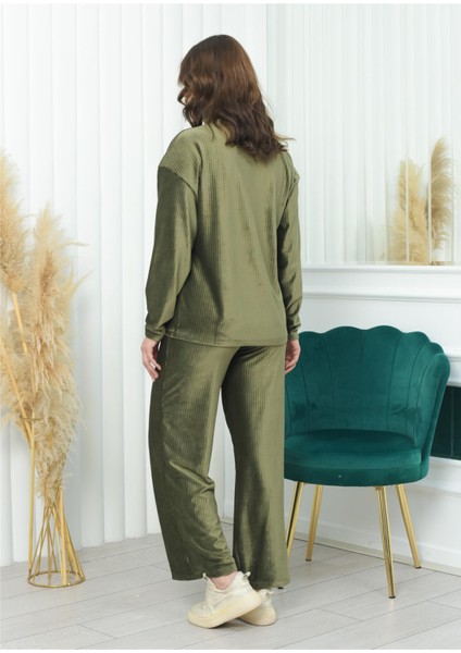 Yarım Boğazlı Fitilli Kadife Takım Haki Rengi indirimleri