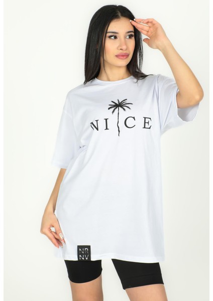 Nice Baskılı Over Size Tshirt - 1005 - Beyaz