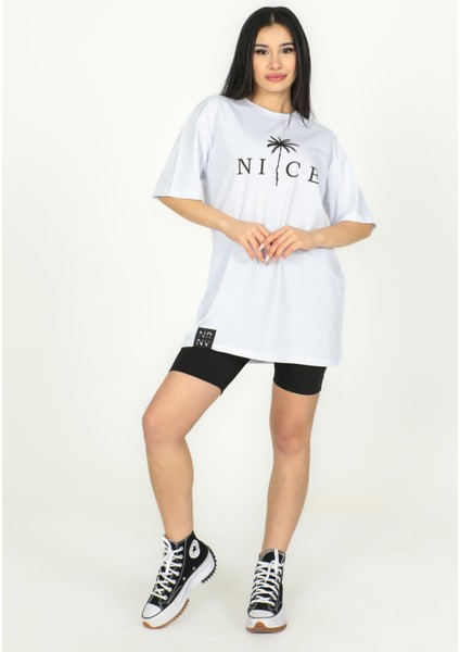 Nice Baskılı Over Size Tshirt - 1005 - Beyaz