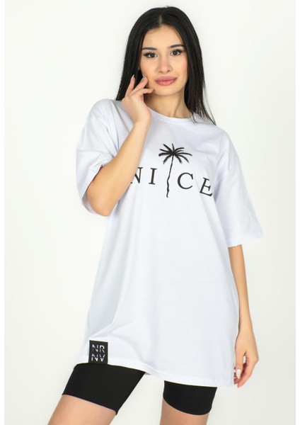 Nice Baskılı Over Size Tshirt - 1005 - Beyaz