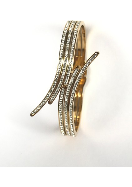 Zirkon Taşlı Gold Çelik Kelepçe Bileklik 4 cm Genişlik