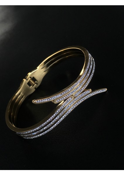 Zirkon Taşlı Gold Çelik Kelepçe Bileklik 4 cm Genişlik