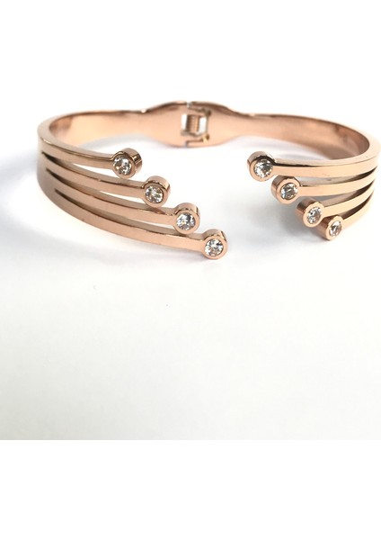 Dört Uçlu Zirkon Taşlı Rose Çelik Kelepçe Bileklik 4 cm Genişlik