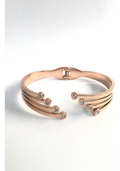 Dört Uçlu Zirkon Taşlı Rose Çelik Kelepçe Bileklik 4 cm Genişlik