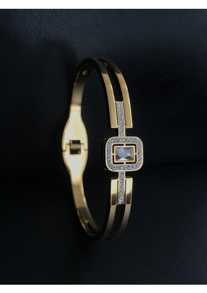 Elmas Montür Gold Çelik Kelepçe Bileklik 1,2 cm Genişlik.
